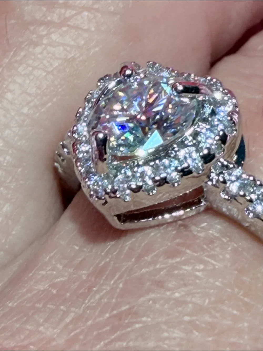 Sparkling Moissanite Heart Shape with Halo and Shimmering Stones on Band